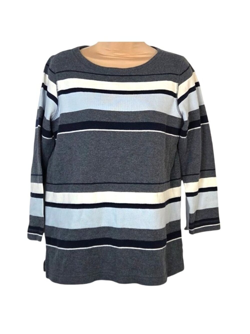 Liz Claiborne Liz & Co. Petite Gray Blue Striped Cotton 3/4 Sleeve Top P